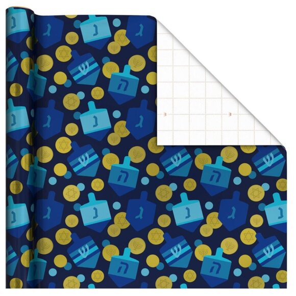 Hallmark Wrapping Paper Hanukkah Dreidels and Gelt Metallic Navy Blue 22.5 sq ft - Picture 2 of 6